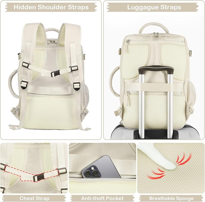 Hanples Travel Backpack for Women Men Large Carry On Person Item Flight Approved 17 In Laptop Backpack Waterproof anti theft Casual Luggage with 2 Toiletry Bag(Beige)