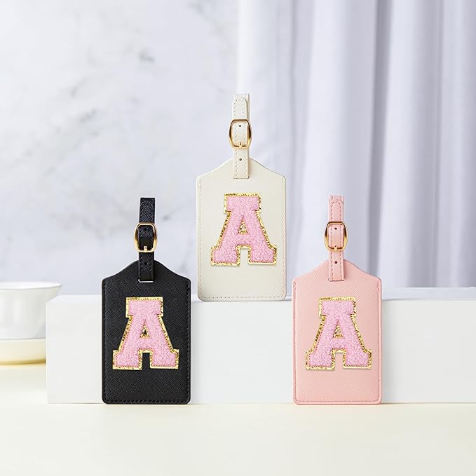 Initial Luggage Tag, PU Leather Luggage Tag, Embroidered Luggage Tag, Letter Luggage Tag, Monogrammed Luggage Tag, Luggage Tag for Baggage Bag Suitcase (A, Black Leather+Pink Letter)
