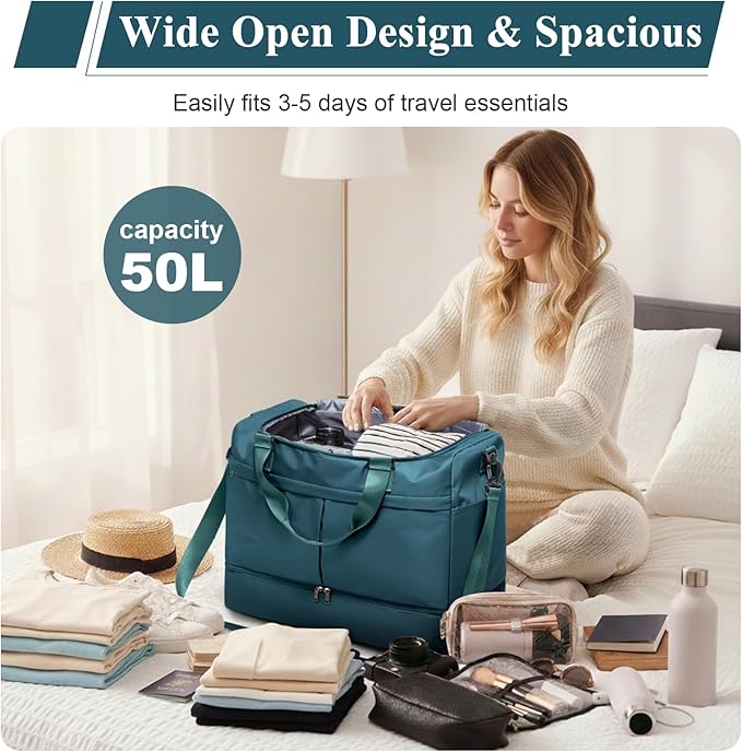 Weekender Bags for Women - 50L Large Travel Duffle Bag with Shoe Compartment - Carry on Overnight Bag for Travel, Weekend Getaway, Gym, Hospital