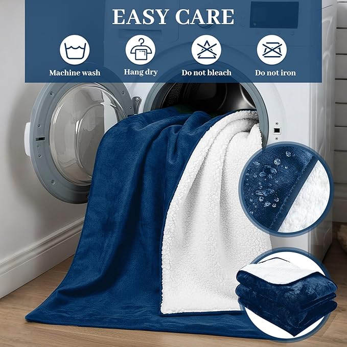 King Size Waterproof Blanket for Bed Couch, 80'' x 80'' Double Side Leakproof Reversible Sherpa Flannel Fleece 3-Layer Lightweight Blanket, Absorbs 70oz(Navy Blue/White), Machine Washable