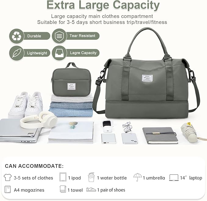 Large Weekender Bags for Women, Travel Duffel Bags with Shoe Compartment,Personal Item Travel Carry on Overnight bag for women Travel Set,Olive Green2