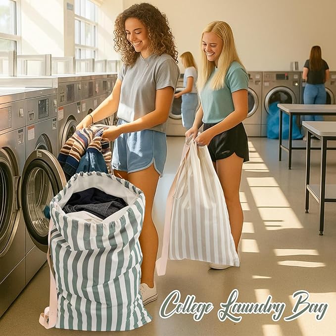 SATINIOR 2 Pcs Stripe College Laundry Bag Green Beige Canvas Travel Laundry Bags with Drawstring Shoulder Straps 29" x 18" Washable Dirty Clothes Hamper Organizer for Dorm Laundromat Apartment Camping