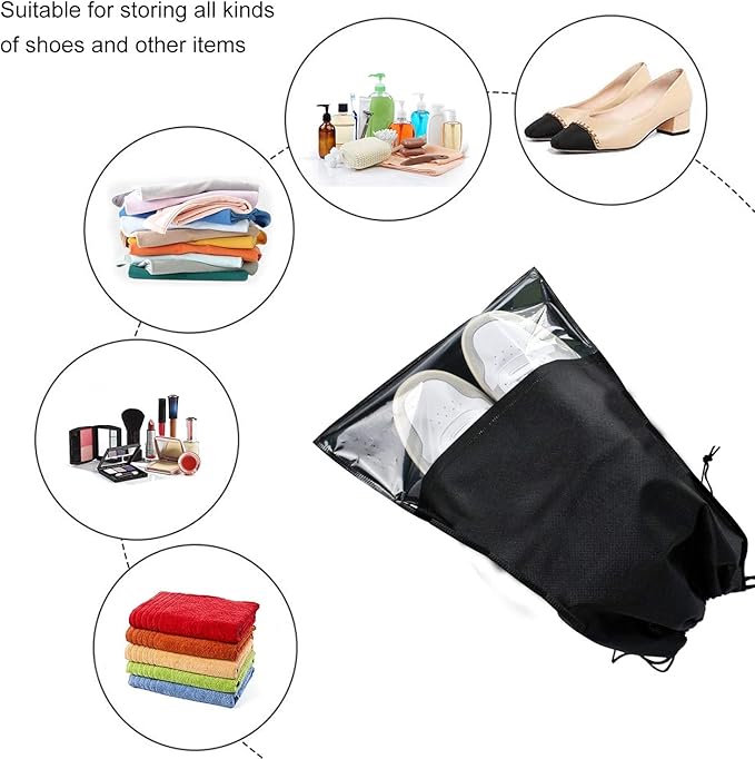 6 Pcs Travel Shoe Bags, ULIFEMALL Large Non-Woven Drawstring Shoes Storage Bag with Transparent Slot Clear Window Portable Waterproof Dustproof Shoes Pouch Packing Organizer for Men Women, Black