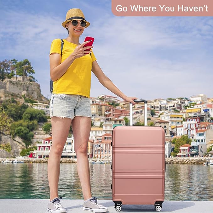 Kono 24 Inch Luggage Suitcase with Spinner Wheels TSA Lock Lightweight PC+ABS Hardside Medium Checked Luggage Durable Rolling Suitcase Nude/Rose Pink