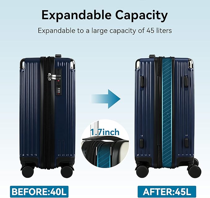 20 Inch Carry On Luggage with Spinner Wheels,PC Expandable Hard Shell Suitcase with USB Port,Lightweight Travel Luggage Airline Approved for Men Women (Navy Blue)