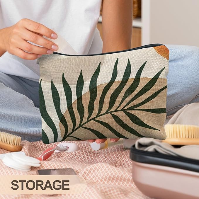 Abstract Boho Botanical Makeup Bag, Tropical Palm Leaf Cosmetic Bags for Women, Boho Gifts for Women, Minimalist Modern Plant Zipper Makeup Pouch