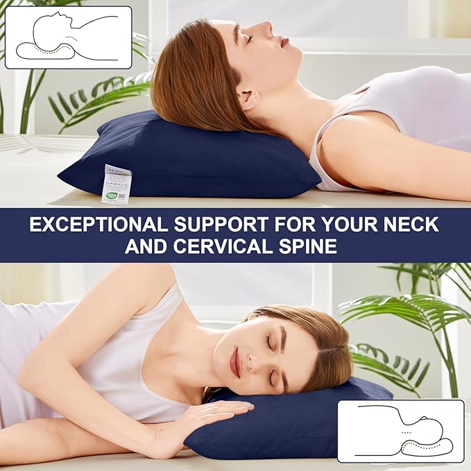 Organic Buckwheat Pillow for Sleeping with Dual-Layer Pillowcase and Extra Tartary Buckwheat Hulls, Adjust Height and Firmness, Neck Support Pillow for Back and Side Sleepers 14"x20", Navy Blue