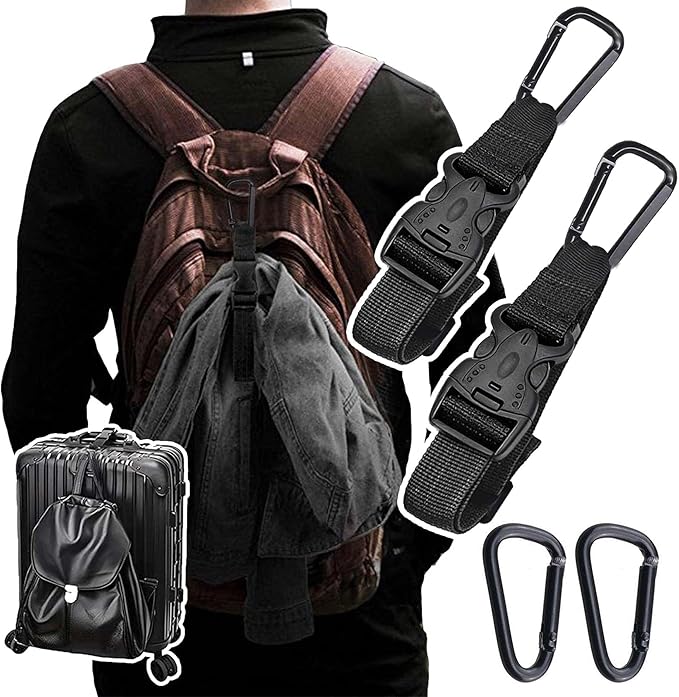 2 Pack Add a Bag Luggage Straps - Adjustable Suitcase Belts Travel Accessories - Jacket Gripper Arm Saver Easy to Carry Your Extra Bags (Black,Four Hooks)