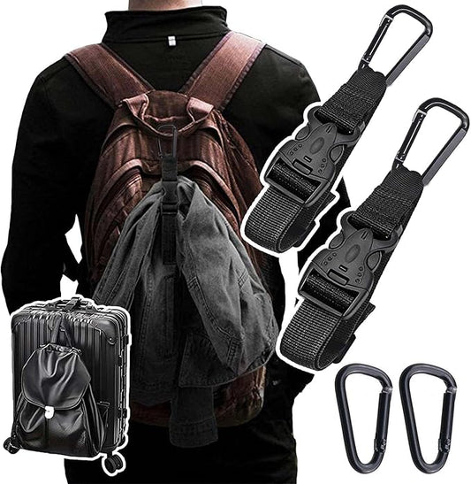 2 Pack Add a Bag Luggage Straps - Adjustable Suitcase Belts Travel Accessories - Jacket Gripper Arm Saver Easy to Carry Your Extra Bags (Black,Four Hooks)