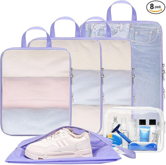 Cambond Mesh Compression Packing Cubes - 6 Piece Expandable See Through Packing Cubes for travel with Shoe and Makeup Bag, Travel Cubes for Packing Organizers Travel Accessories for Suitcases, Purple