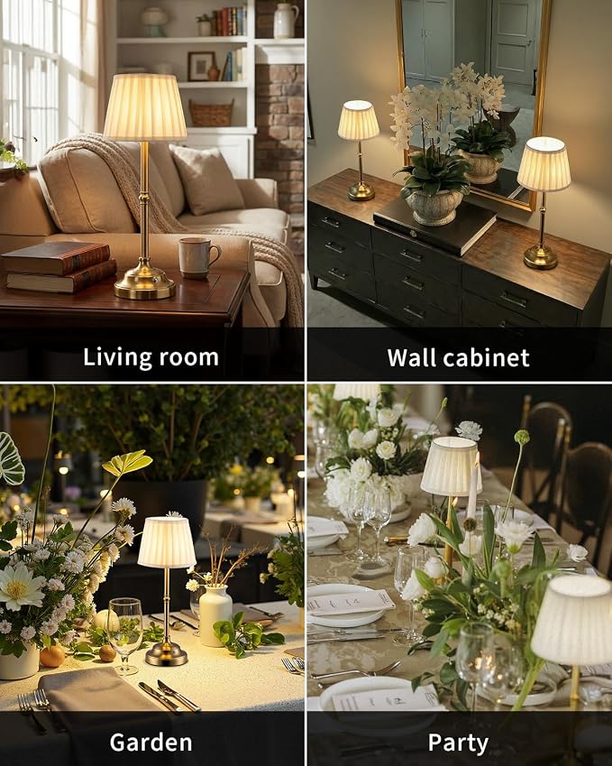 KDG Gold Cordless LED Table Lamps Set of 2, Beige Fabric Shade Desk Lamps | Portable 4000mAh Rechargeable Battery Powered, Dimmable Lighting for Dining Room, Bedroom, Bedside, Night Light, Balcony