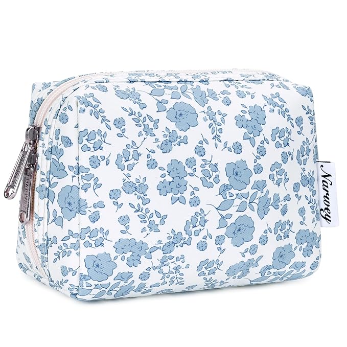 Narwey Small Cute Floral Makeup Bag for Purse Mini Cosmetic Bag Travel Makeup Pouch Zipper Pouch Cute Make up Bags with Compartments for Women Girls (Blue Flower, Small)