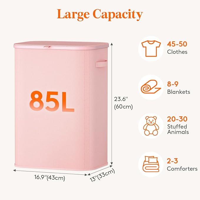 Lifewit 85L Large Laundry Basket with Lid, Laundry Hamper with Plastic Handles and Removable Bag, Foldable Tall Dirty Clothes Hampers for Laundry for Laundry Room, Bedroom, Bathroom, Dorm, Pink