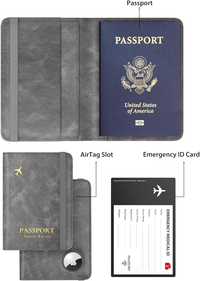 Stouchi AirTag Passport Wallet, Grey, Unisex, Faux Leather, RFID Blocking, Anti-Waterproof