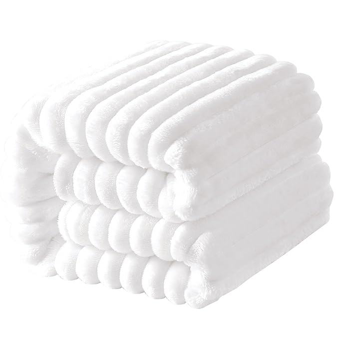 NTBAY Plush Flannel Twin Bed Blanket, 60X80 Inches Soft and Warm Lightweight Blanket with Striped Texture Bed Blanket for Couch Sofa Bed All Seasons, 60"x80", White
