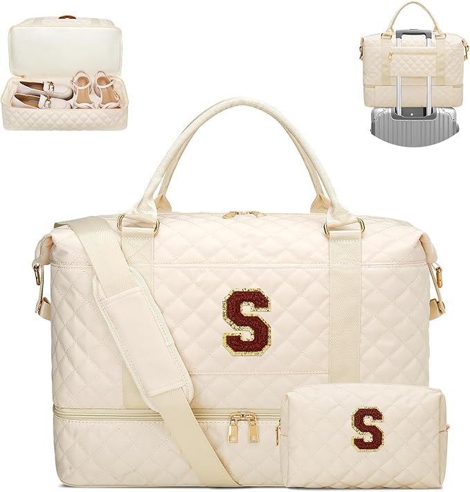 Gifts for Women Initial Travel Duffle Bag Quilted Weekender Bags Carry-On Overnight with Cosmetic Bag, Gym Bag with Shoe Compartment Hospital Bag for Women Labor Delivery, Beige-S