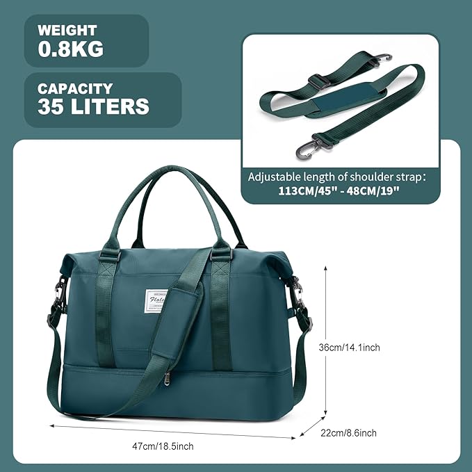 Duffel Bag, Women's Weekender Bag with Shoe Compartment, Peacock Blue Travel Bag, Carry on Overnight Tote for Airline Personal Item, 30L