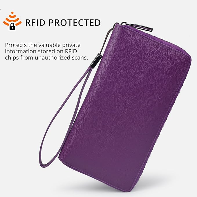 Bveyzi Women RFID Blocking Wallet Leather Zip Around Phone Clutch Large Capacity Ladies Travel Purse Wristlet | RFID Blocking, Zip Around, Large Capacity