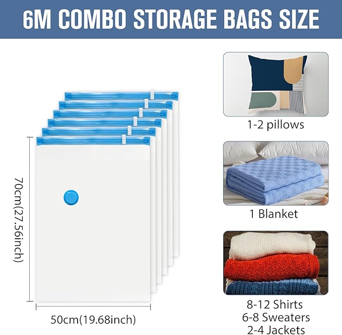 BoxLegend Vacuum Storage Bags with Hand Pump 6 Medium 19.68’’x27.56’’ Thickened Waterproof Vacuum Seal Bags for Clothing Bed Sheets Pillowcases Compression Space Saving for Moving Closet Storage