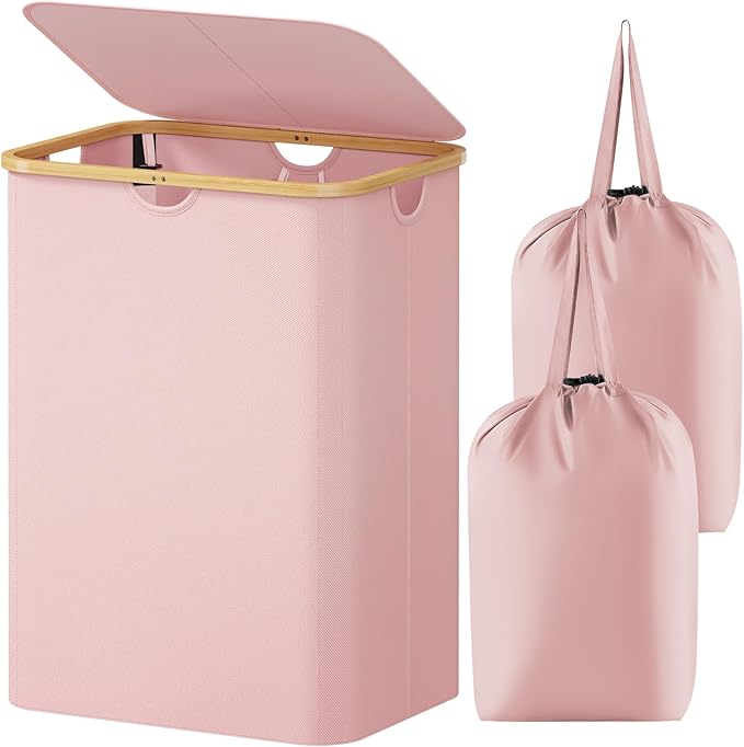 Lifewit 150L Laundry Basket with Lid, Clothes Hampers for Laundry with Bamboo Handles and 2 Removable Bag, Large Foldable Laundry Hamper for Bedroom, Bathroom, Dorm, Laundry Room, Pink