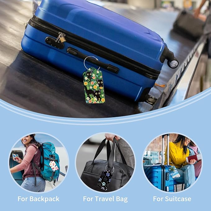 2 Pcs Luggage Tag for Suitcases, Black Cat Floral Cute PU Leather Suitcase Tag Privacy Cover ID Label with Metal Loop, Personalized Baggage Identifier for Women Cruise Bag Travel Essentials