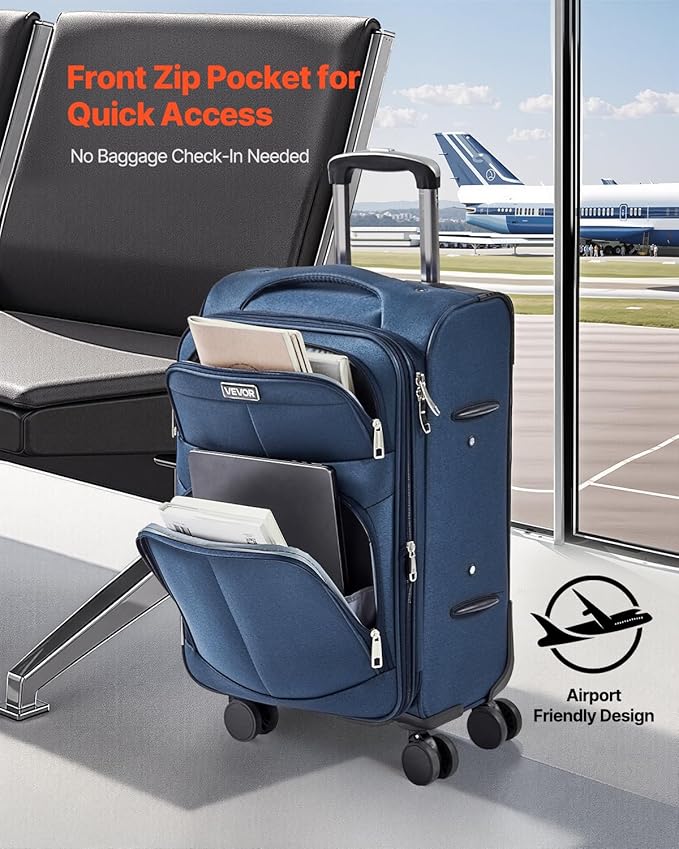 VEVOR Softside Expandable Luggage with Spinner Wheels, 20-Inch Softside Carry on Luggage, Lightweight Checked Suitcase with Expandable Zippered Pocket and TSA Lock, Blue