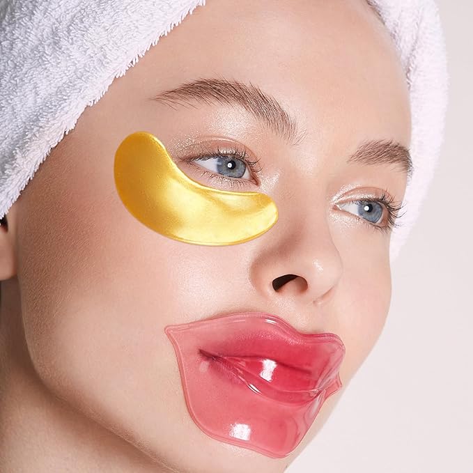 15 Pairs Gold Eye Mask and 15 Pcs Collagen Crystal Lip Mask, Under Eye Patches and Lip Pads,Collagen Crystal Mask Set for Moisturizing, Reducing Fine Lines & Dark Circles for Valentines Day Gifts