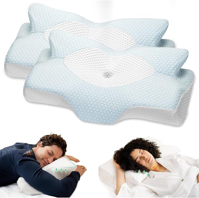 Elviros Cervical Memory Foam Pillow, 2 Pack Pillows for Neck and Shoulder Pain, Ergonomic Orthopedic Sleeping Neck Support Pillow for Side Sleepers, Stomach Sleepers (Blue)