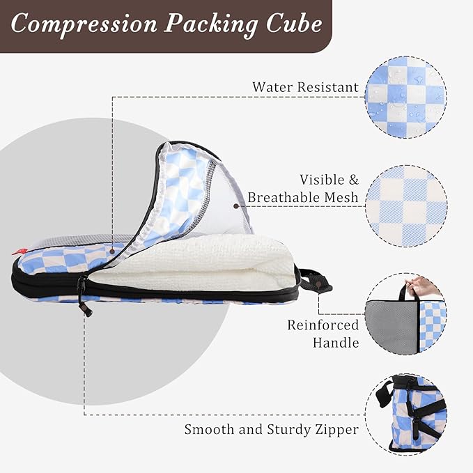 U+U 4 Set Compression Packing Cubes - Ultralight Travel Organizers, Space-Saving Suitcase Organizer, Expandable Packing Cubes for Travel, Business Trip and Family Vacation (Blue Checkered)