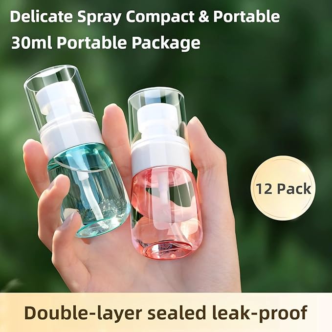 12 Pack 1oz 30ml Travel Spray Bottles TSA Approved - Leakproof Plastic Fine Mist Sprayers for Toiletries, Skincare & Plants, Portable Mini Sprayer Set with Secure Caps & Assorted Colors