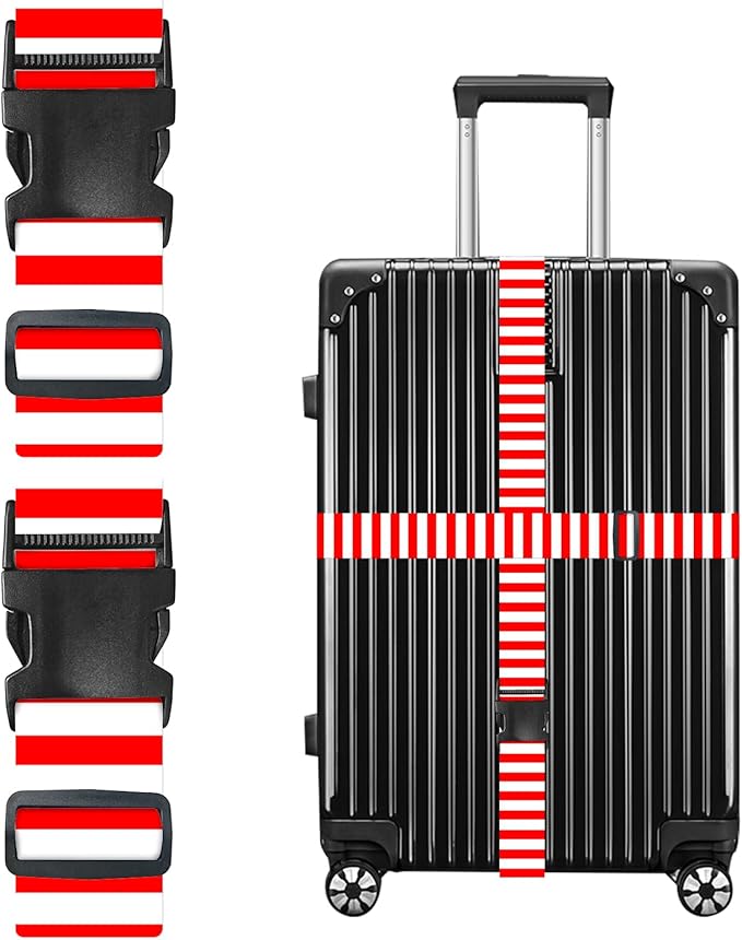 Nuxovilar Luggage Straps for suitcases red White Vertical Stripe Polyester 1.96x90.5inch 2 Set Suitcase Cargo Strap Travel Accessory Airport Hotel Road Trip