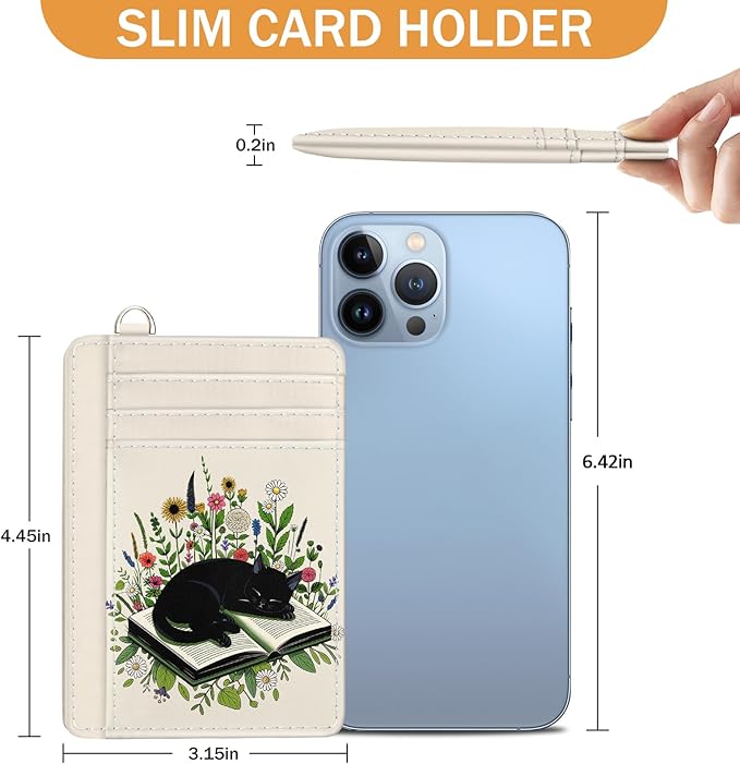 Yonlevres Credit Card Holder Slim Wallet, Floral Cat RFID Wallet Women Front Pocket Small Card Holder, Travel Cute Funny Thin RFID Blocking Case Organizer ID Window PU Leather Gifts
