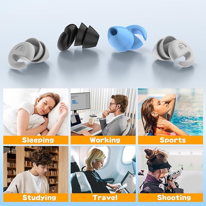 Ear Plugs for Sleeping Noise Cancelling, 36dB Noise Reduction Earplugs, Silicone Reusable Hearing Protection Ear Plug, Waterproof Earplug Suitable for Sleeping (Grey, 1 Pair)