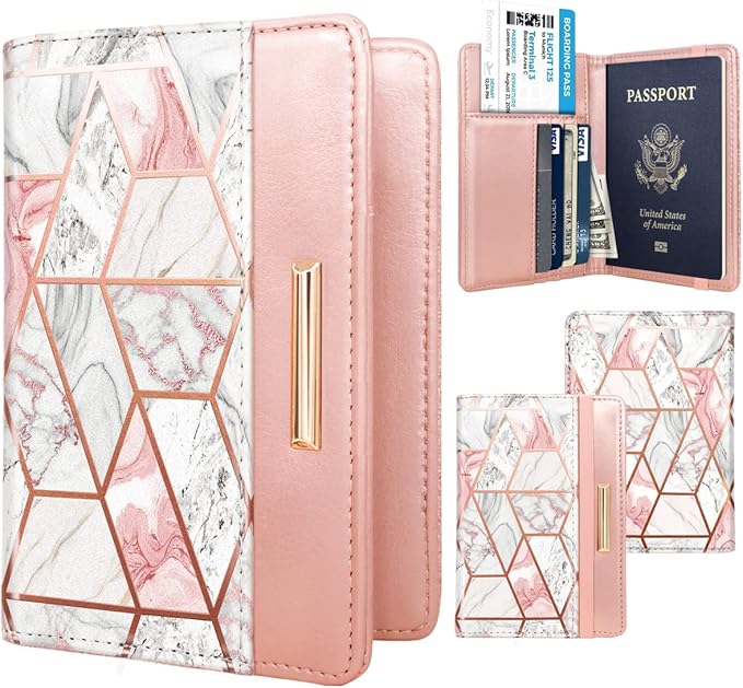 Passport Holder Cover,Traveling Passport Case Cute Passport Wallet for Women,Gold Pink Marble