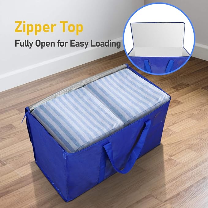 TICONN 12 Pack Extra Large Moving Bags Heavy Duty with Zippers & Carrying Handles, Durable Storage Bags Moving Boxes for Closet Organizers and Storage (12 Pack, Blue)