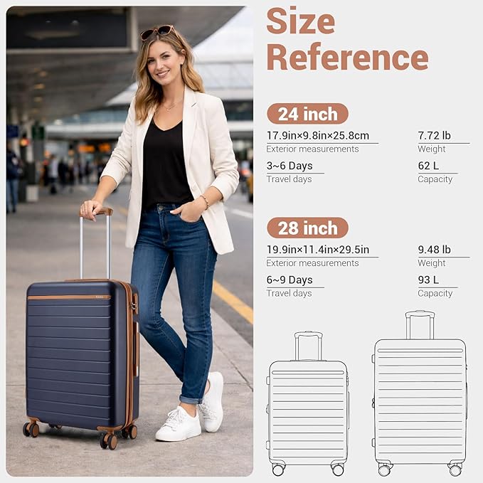 Kono 28 Inch Large Suitcase, Expandable for Long Trips, Impact-Resistant ABS+PC & Silent Wheels, Black, Lightweight Hardshell Luggage, Smooth Rolling Spinner Suitcase for Travel，Navy/Brown