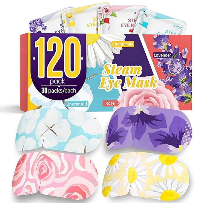 AROIC 120 Pack Steam Eye Masks Disposable, Heated Sleep Eye Mask for Women Warm Compress for Eyes, Relaxation Mothers Day Gifts, Travel Essentials - Lavender, Unscented, Chamomile, Rose