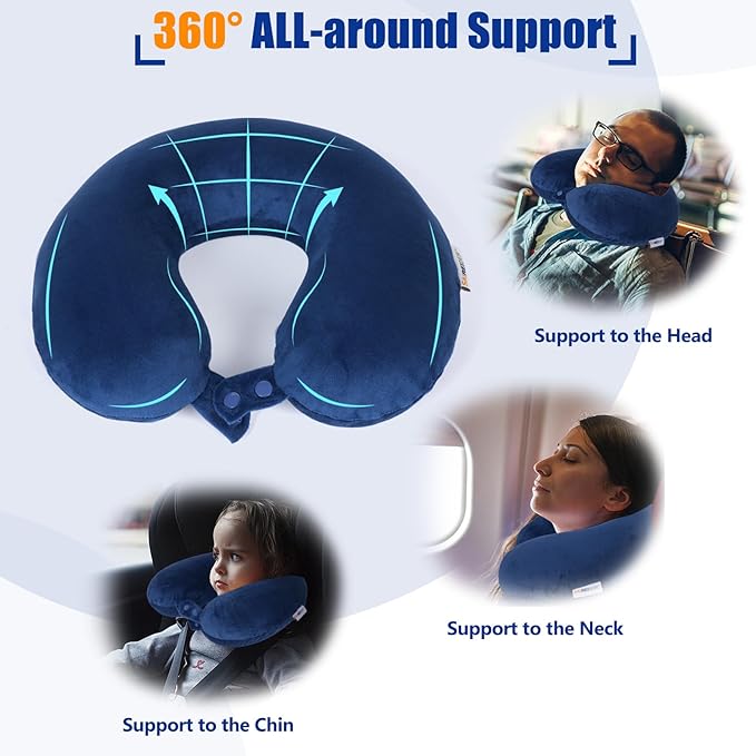 SAIREIDER Travel Pillow 100% Memory Foam Airplanes Neck Pillows -Prevent The Heads from Falling Forward Travel Neck Pillows with Sleep Mask and Earplugs (Navy Blue)