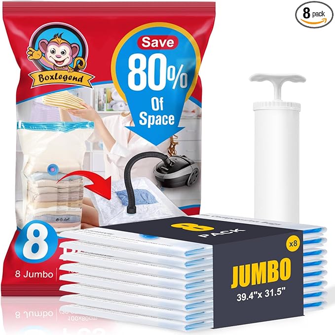 BoxLegend Vacuum Storage Bags with Large Size Hand Pump 8 Jumbo 31.5’’x39.37’' Thickened Vacuum Seal Bags for Clothing Space Saving Vacuum Pack Storage Bags for Pillow Comforters Bedding