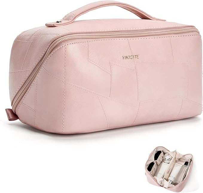 Makeup Bag, Cosmetic Bags toiletry bag for Women, Waterproof PU Leather Make Up Pouch Organizer Travel Essentials Organizer with Divider For (Pink)