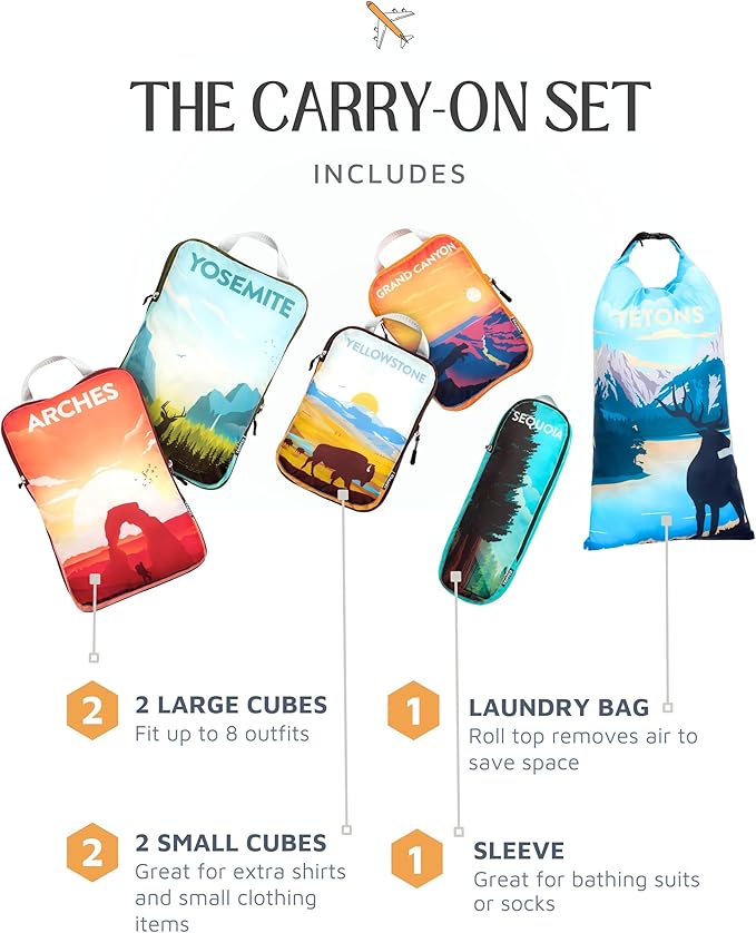 Compression Packing Cubes 6 Piece Set for Carryon Suitcases- Lightweight, Durable Clothes Organizer (National Park)