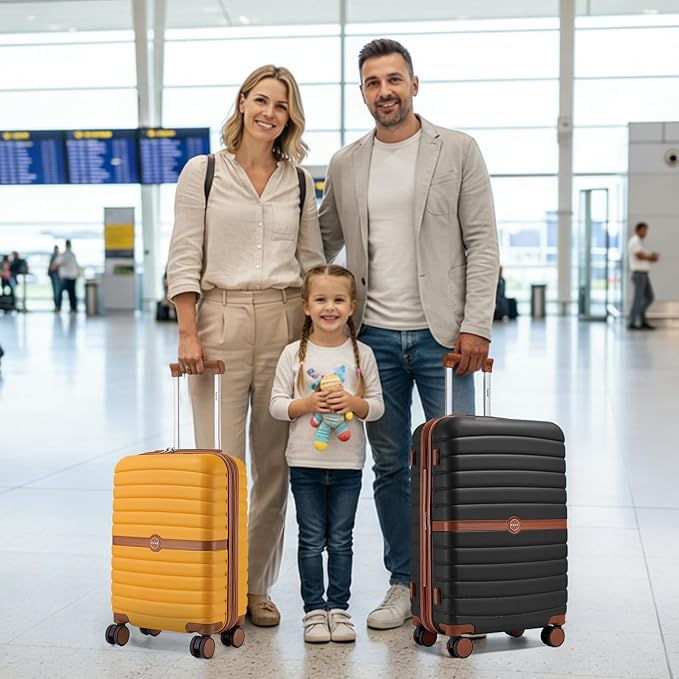 Kono Expandable 28 Inch Luggage with Spinner Wheels, Large Checked Luggage with TSA Lock, Lightweight & Anti-Scratch PC+ABS Hardshell Travel Suitcase, Yellow/Brown