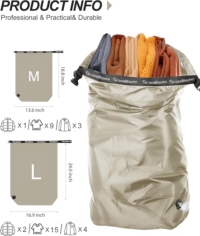 Travel Laundry Bag, Pump-free Vacuum Compression Dirty Clothes Bag, Large Reusable Waterproof & Washable Laundry Bag, Wet and Dry Bag, Ideal for Suitcases, Laundromats (1 Pack) Gray