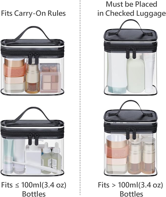 PACKISM Clear Toiletry Bag Combo Pack - 1 TSA Approved Medium & 1 Large Makeup Bag for Checked Luggage, Clear PVC Travel Bag with Handle, Dual Metal Zippers, Water Resistant Large Opening, Black