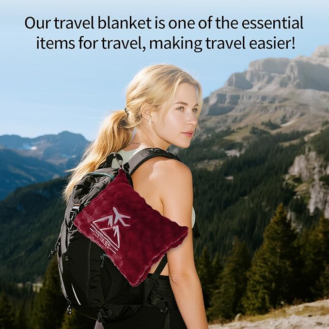 Travel Blanket and Pillow-2-in-1, Ultra-Soft&Compact,Airplane Blanket with Hand Luggage Belt and Backpack Clip,Travelers Accessories Gifts, 61x43 Inches（Burgundy）