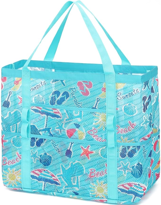 Fammart Mesh Beach Bag, Large Beach Tote with Zipper Pocket, Toys Pool Bag for Family Travel Vacation Cruise Essentials