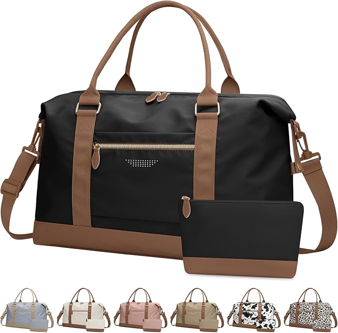 Travel Duffle Bag for Women, Weekender Bags, Hospital Bag for Labor Delivery, Lightweight Tote Duffel Overnight Bag with Luggage Sleeve, Airplane Travel Bags with Toiletry Bag, Large, Black