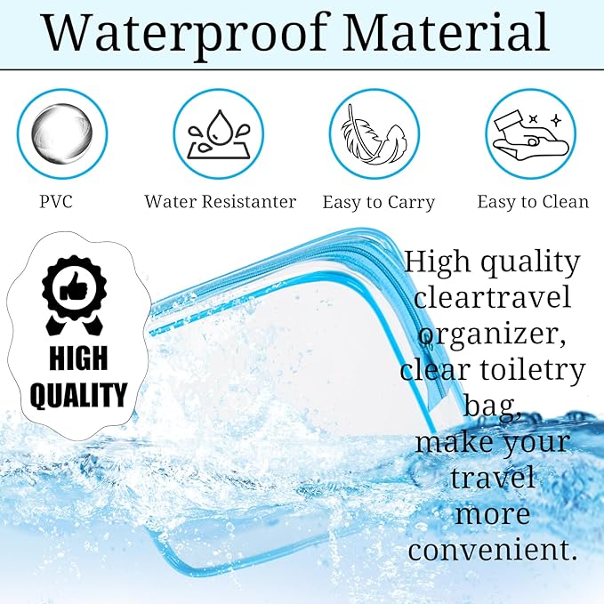 6 Pieces Large Clear Makeup Bags Bulk TSA Approved Toiletry Bag for Travel Transparent PVC Clear Cosmetic Pouch with Zipper, Waterproof Plastic Organizer Case for Carry-on Travel Essentials (Blue)