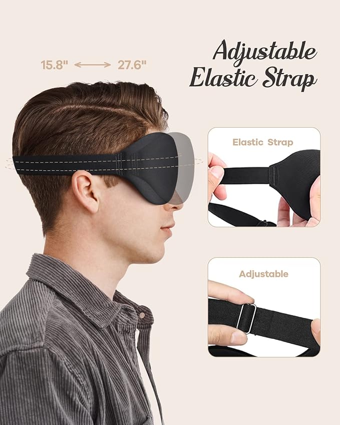 Sleep Eye Mask for Men Women, 3D Contoured 100% Blackout Eye Mask for Sleeping with Adjustable Strap, Soft and Comfortable Night Blindfold, Shade Cover for Travel Shift Work Nap, Black