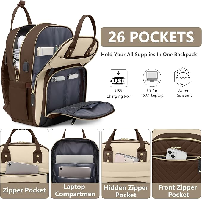 Laptop Backpack for Women Work Bag - 15.6 inch Travel Backpack Purse with USB Charger College Bookbag Waterproof Cute Casual Daypack Fashion Business Computer Backpacks for Teacher Nurse Brown Khaki